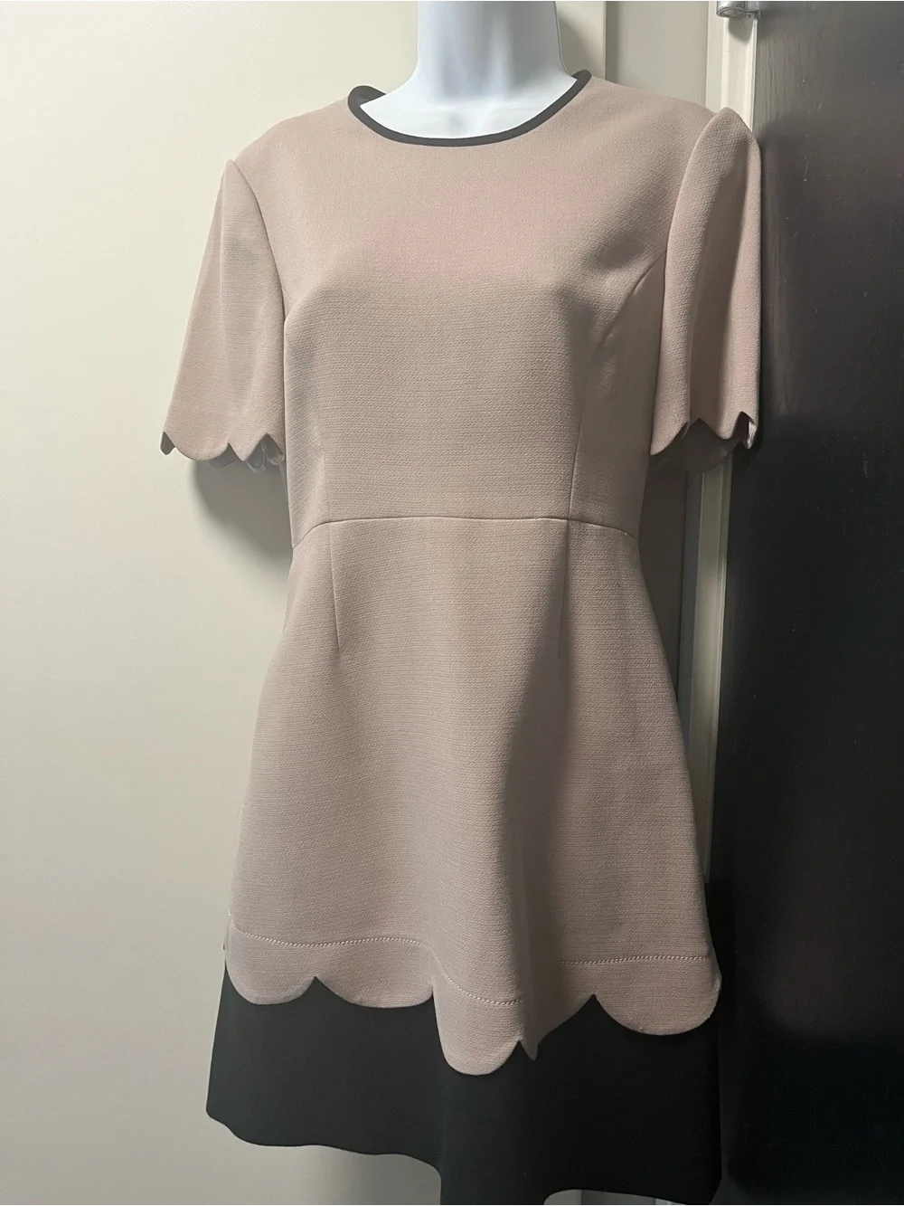 kate spade Beige and Black Scallop-Trim Mini Dress